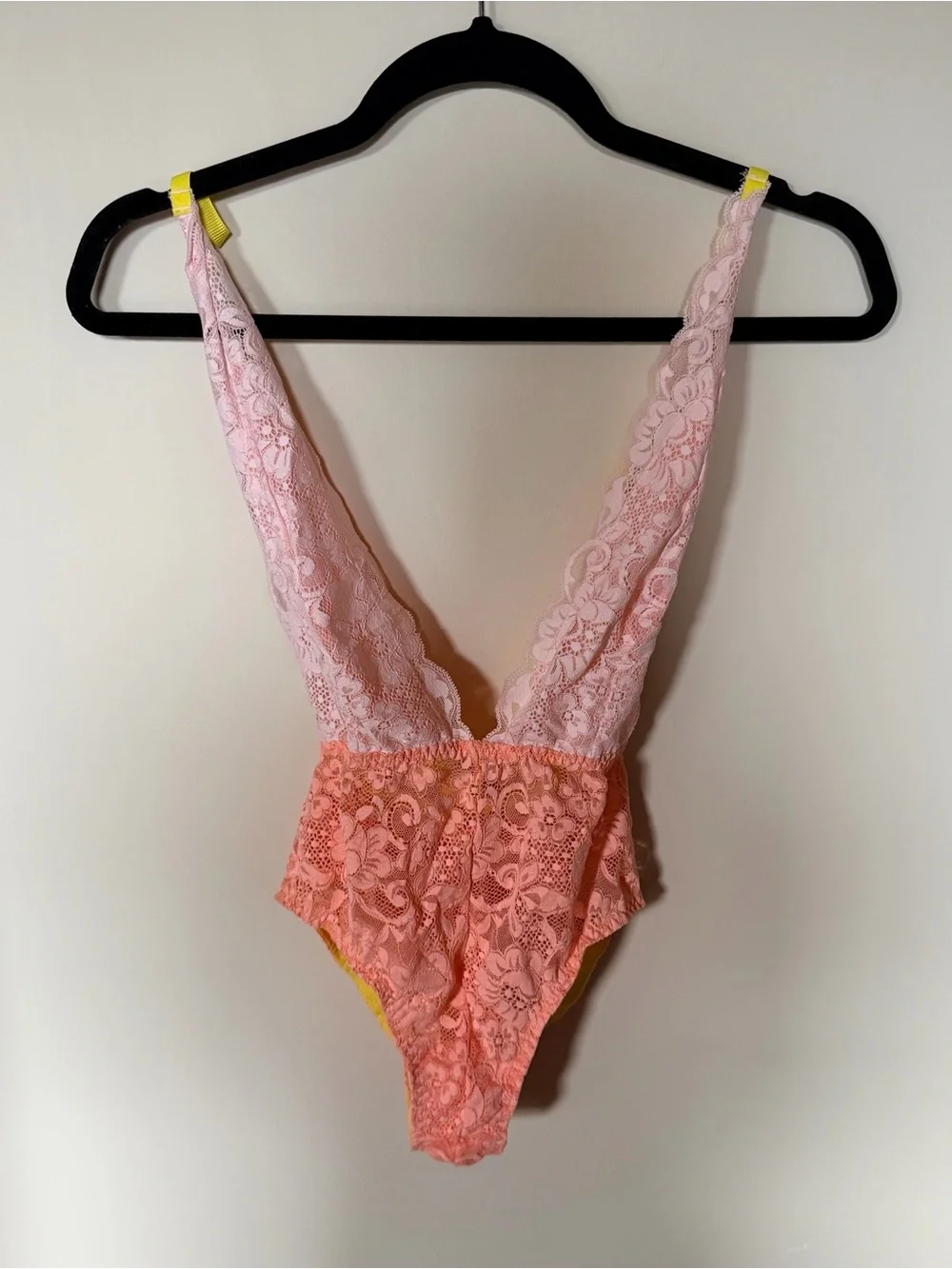Free people we are HAH lace bodysuit pink and yellow XS